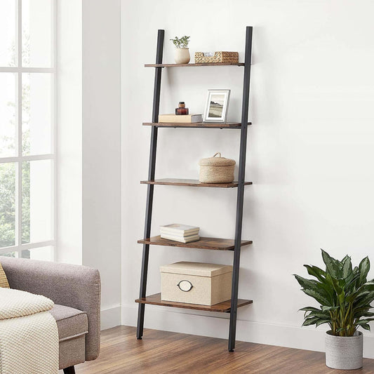 Rustic Ladder Style Iron Bookcase with Four Wooden Shelves, Brown and Black - BM195857 By Casagear Home