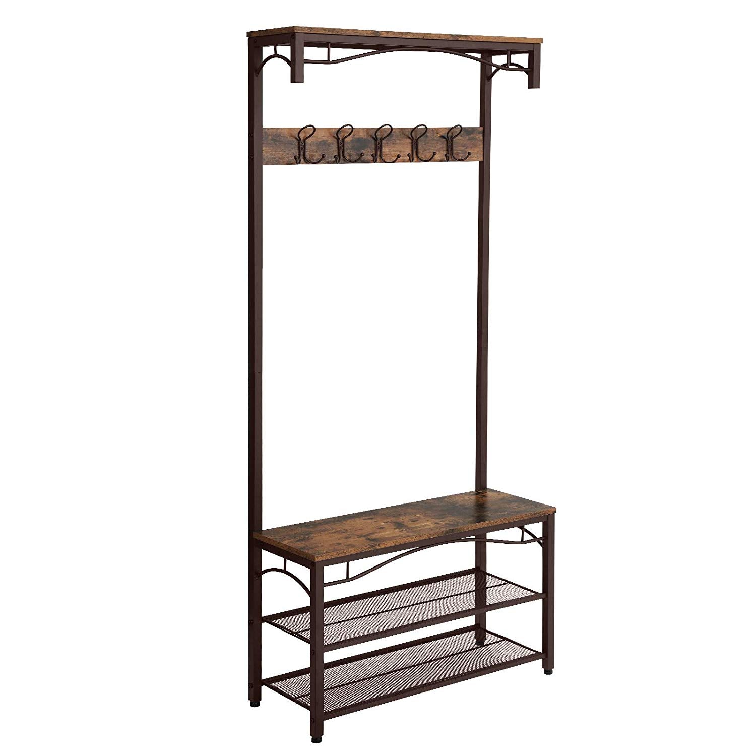 70 5-Hook 2-Shelf Shoe Bench Hall Tree Brown and Black By Casagear Home BM195868