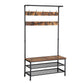 Metal Coat Rack with Wooden Bench and Two Wire Meshed Shelves, Brown and Black - BM195871 By Casagear Home