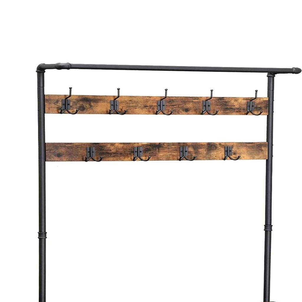 Metal Coat Rack with Wooden Bench and Two Wire Meshed Shelves Brown and Black - BM195871 BM195871
