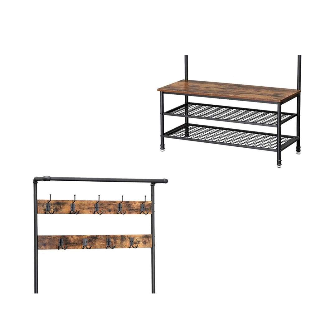 Metal Coat Rack with Wooden Bench and Two Wire Meshed Shelves Brown and Black - BM195871 BM195871