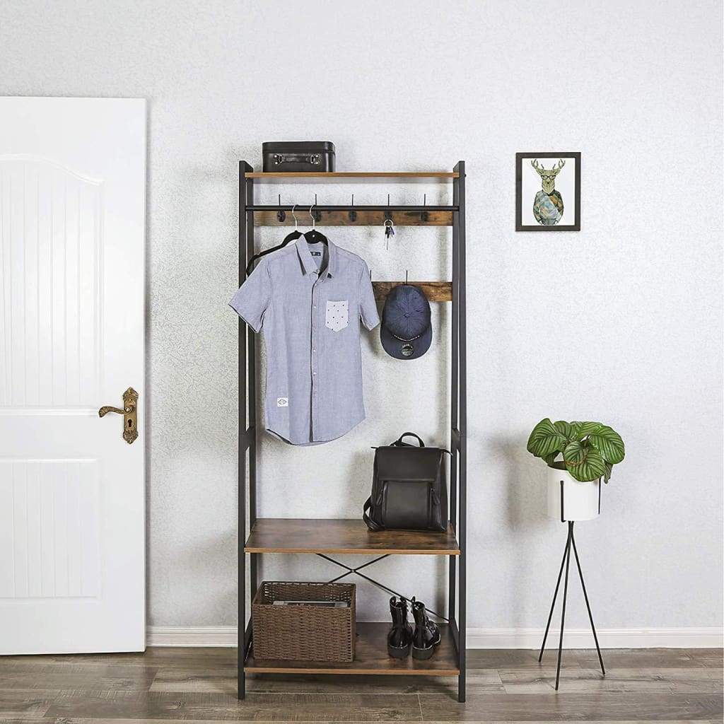 Iron Framed Coat Rack with Two Storage Shelves and Hanging Rail Brown and Black - BM195873 BM195873