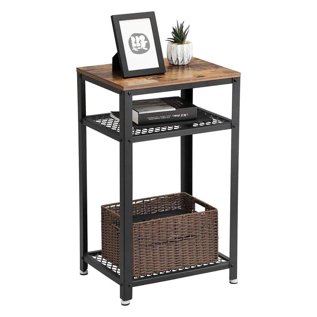 Industrial Style Iron and Wood Side Table with Two Tier Mesh Shelves Black and Brown - BM195880 BM195880