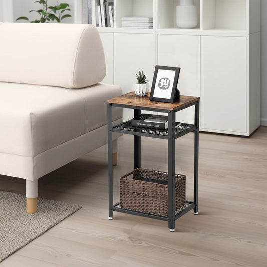 Industrial Style Iron and Wood Side Table with Two Tier Mesh Shelves, Black and Brown - BM195880 By Casagear Home