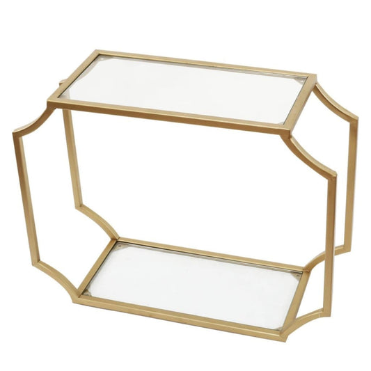 Metal Wall Shelf with Two Glass Shelves and Smooth Chamfered Corners, Gold and Clear - BM196303 By Casagear Home