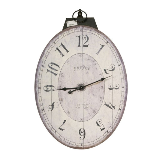 Distressed Oval Shape Wooden Wall Clock with Ring Hanger,  White and Black - BM196306 By Casagear Home