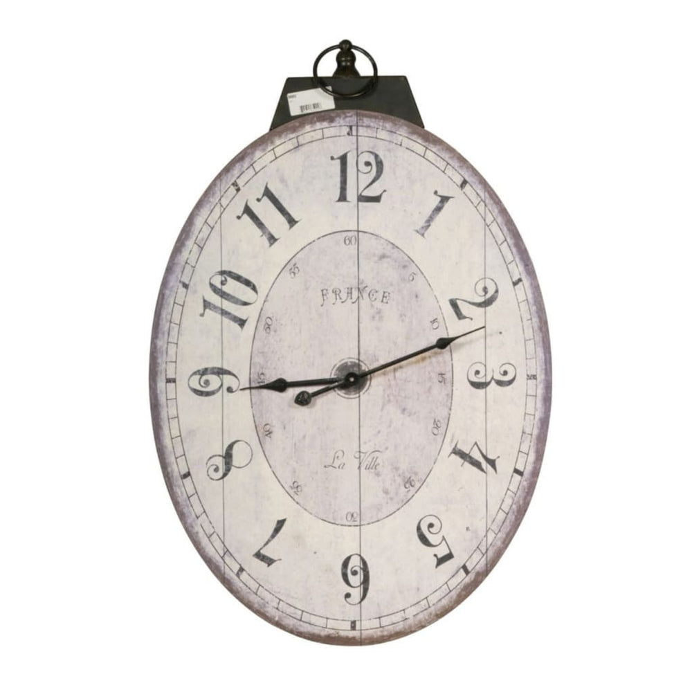 Wall Clock | Oval Wood | Distressed | Ring Hanger | White & Black