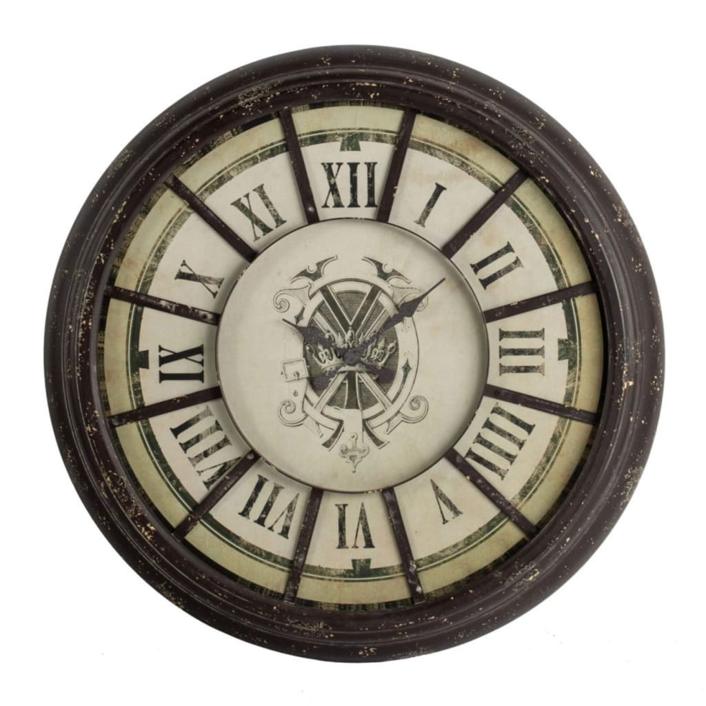 Oversized Wood and Metal Wall Clock with Distressed Details, Antique Gray and Cream - BM196307 By Casagear Home