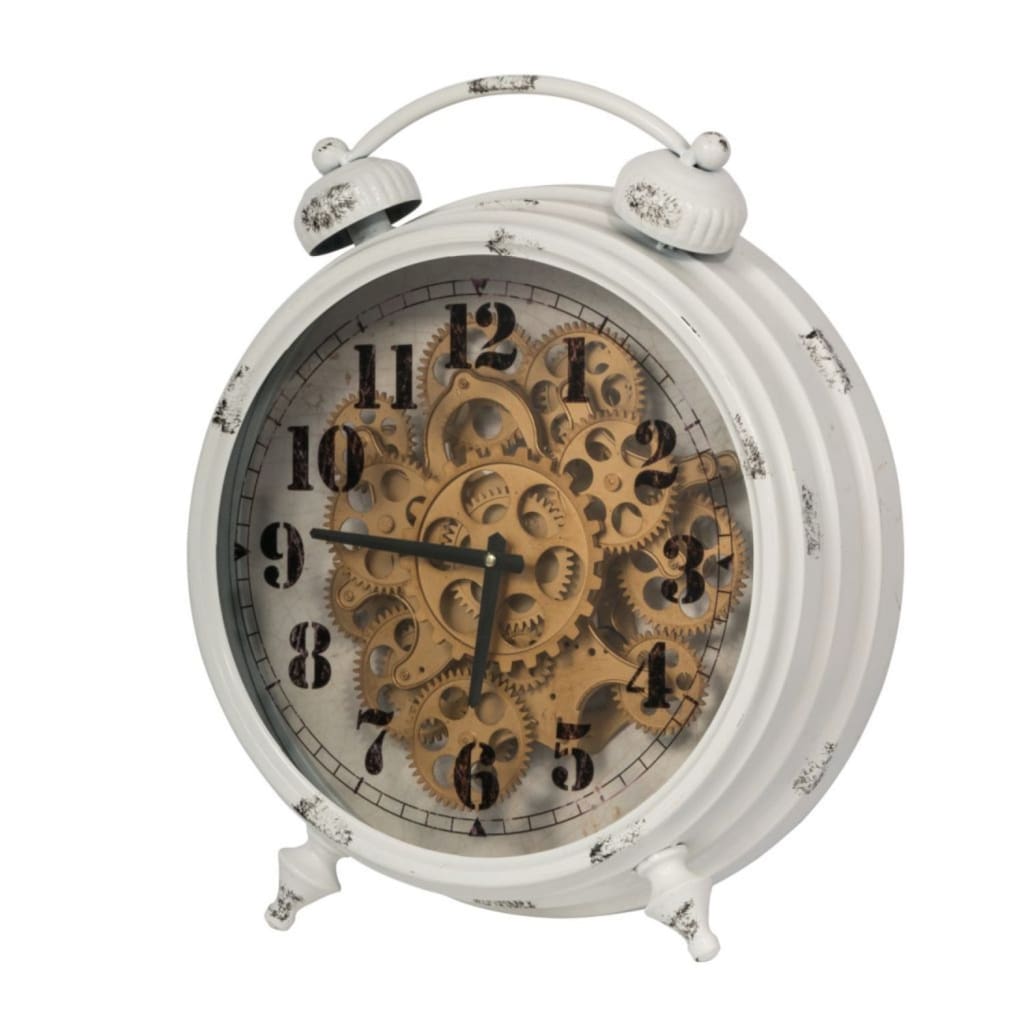Classic Metal Table Clock with Gears Front and Distressed Details, White and Gold - BM196310 By Casagear Home
