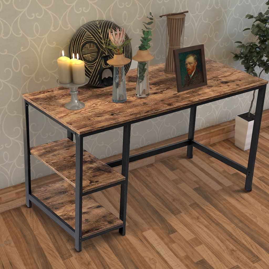 Industrial 55 Inch Wood and Metal Desk with 2 Shelves, Black and Brown By Casagear Home