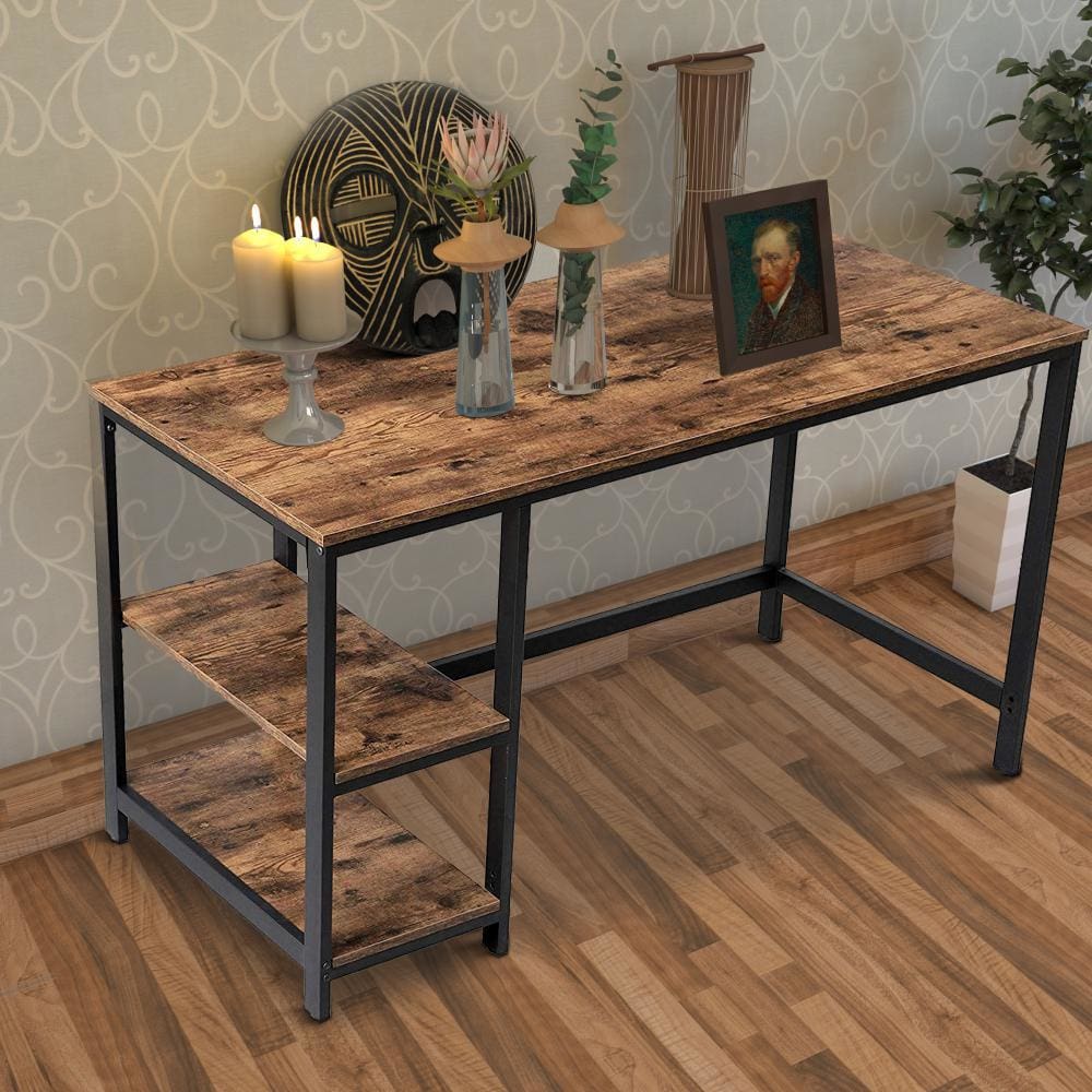 Wood and Metal Frame Computer Desk with 2 Shelves, Brown and Black By Casagear Home