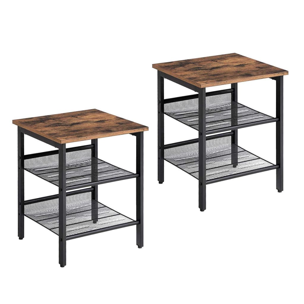Wooden Side Table with Metal Mesh Shelves, Set of 2, Black and Brown By Casagear Home