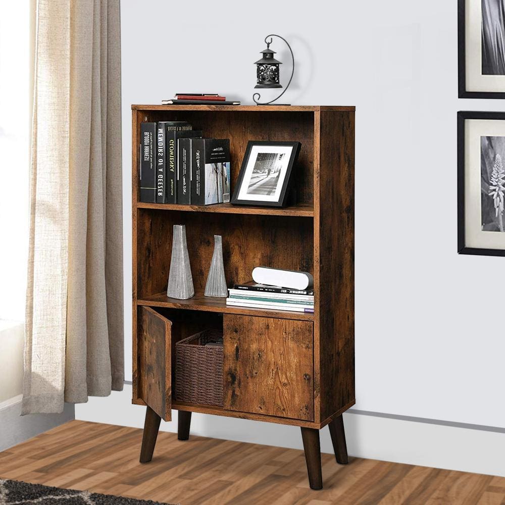 2 Tier Wooden Bookshelf with Storage Cabinet and Angled Legs, Brown By Casagear Home