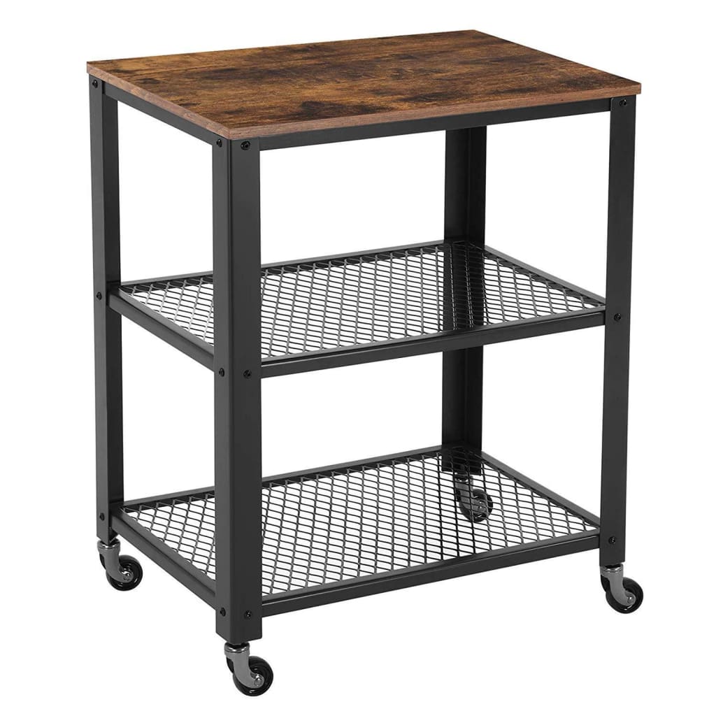 3 Tier Wooden Serving Cart with 2 Mesh Design Shelves, Black and Brown By Casagear Home