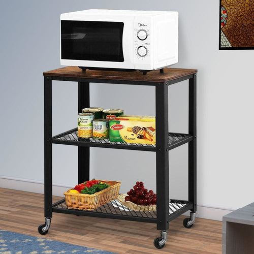 Serving Cart | 3 Tier | Wood | Mesh Shelves | Black & Brown