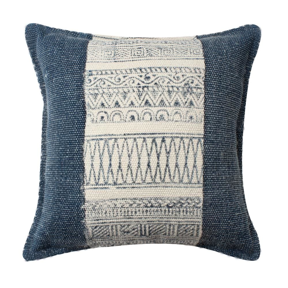 18 x 18 Square Handwoven Accent Throw Pillow, Polycotton Dhurrie, Kilim Pattern, White, Blue By The Urban Port