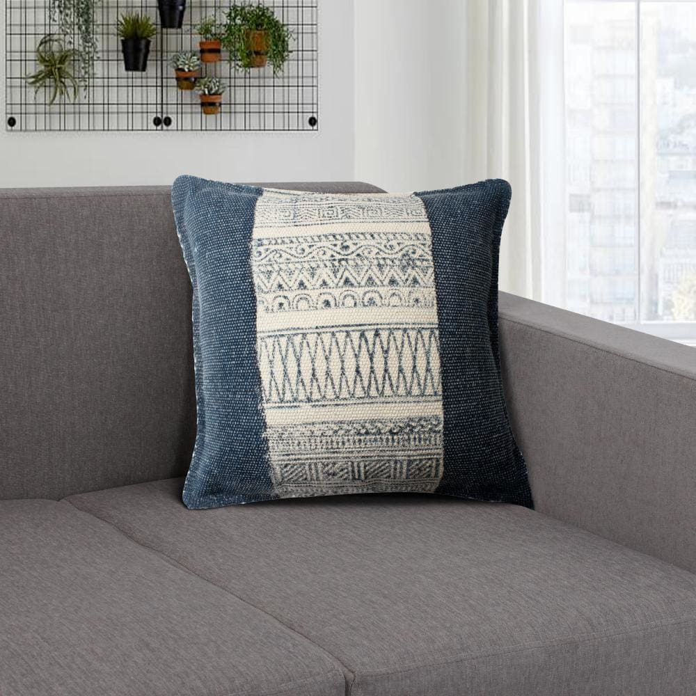 18 x 18 Square Handwoven Accent Throw Pillow Polycotton Dhurrie Kilim Pattern White Blue By The Urban Port BM200551