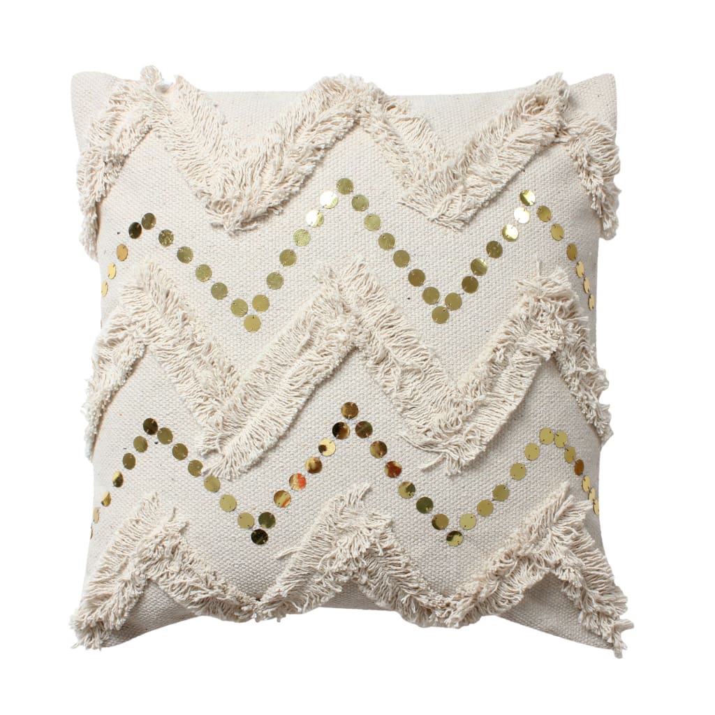 18 x 18 Square Polycotton Handwoven Accent Throw Pillow, Fringed, Sequins, Chevron Design, Off White By The Urban Port