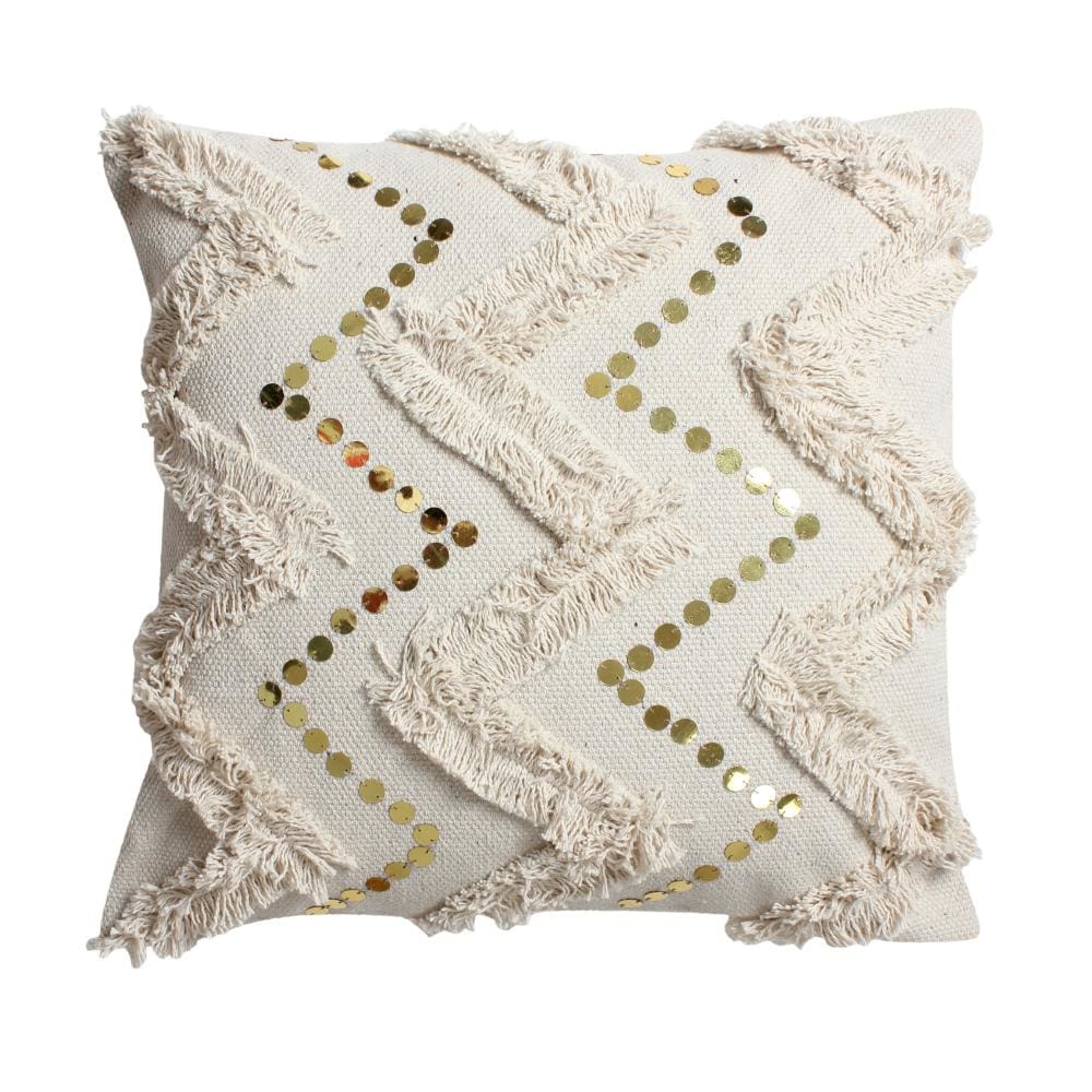18 x 18 Square Polycotton Handwoven Accent Throw Pillow Fringed Sequins Chevron Design Off White By The Urban Port BM200556