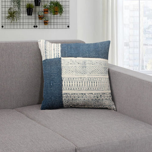 Dae 24 x 24 Square Handwoven Cotton Accent Throw Pillow, Classic Simple Kilim Pattern, Set of 2, Blue, Off White By The Urban Port