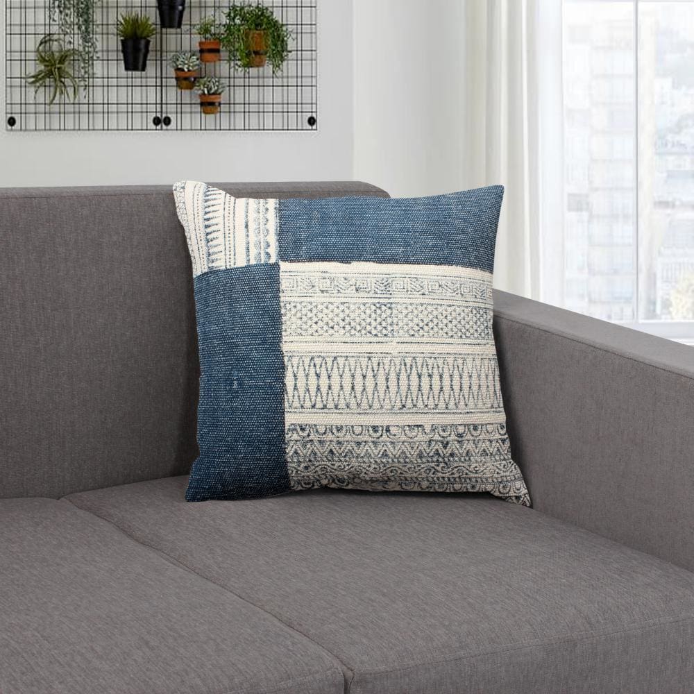 Dae 24 x 24 Square Handwoven Cotton Accent Throw Pillow Classic Simple Kilim Pattern Blue Off White By The Urban Port BM200561
