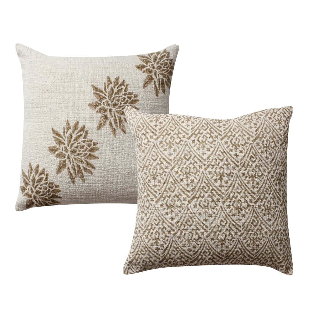 18 x 18 Square Cotton Accent Throw Pillow, Floral and Block Print Patterns, Set of 2, Gold, Off White By The Urban Port