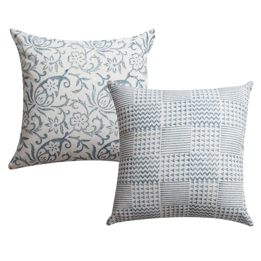 18 x 18 Square Cotton Accent Throw Pillow, Paisley Floral and Square Patterns, Set of 2, White, Blue By The Urban Port