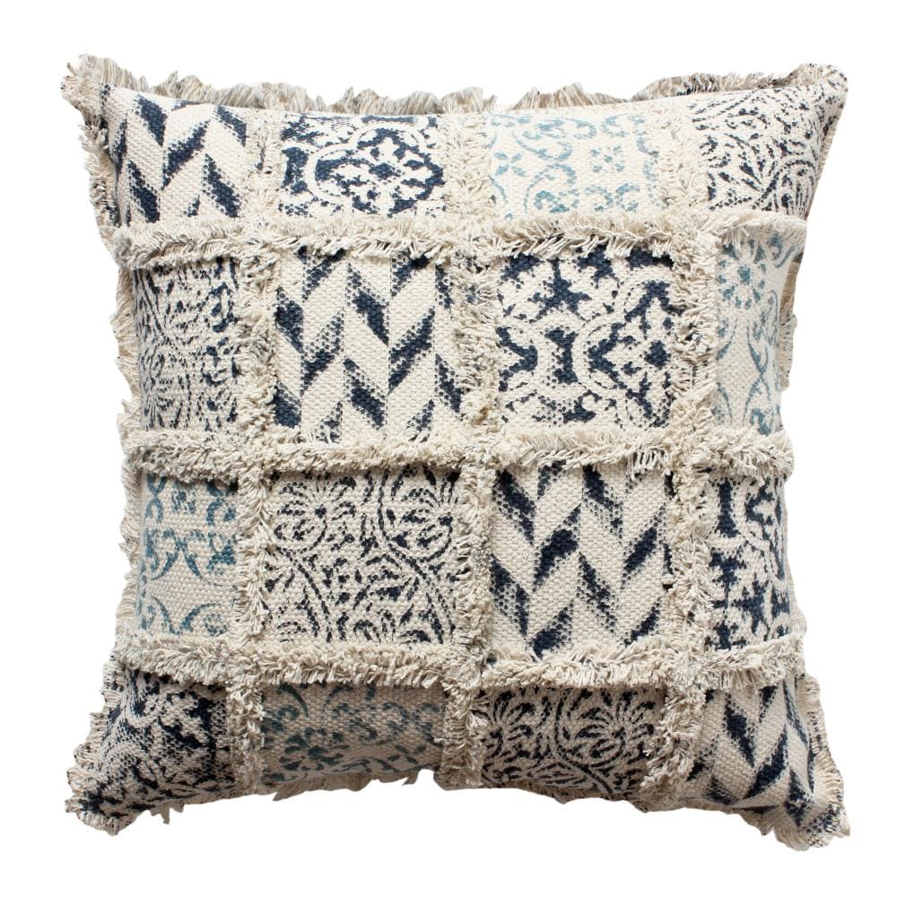 18 x 18 Square Cotton Accent Throw Pillow, Fluffy Fringes, Soft Block Print Raised Pattern, Cream, Blue By The Urban Port