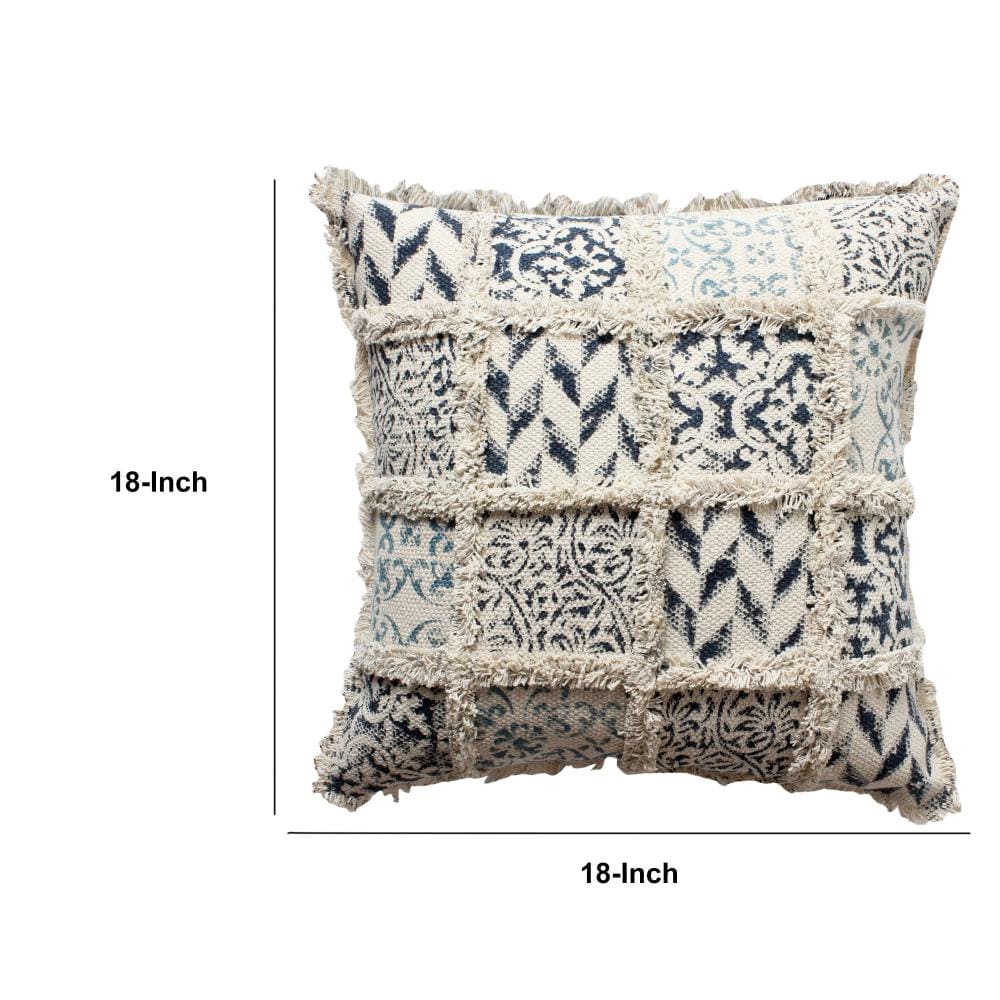 18 x 18 Square Cotton Accent Throw Pillow Fluffy Fringes Soft Block Print Raised Pattern Cream Blue By The Urban Port BM200569