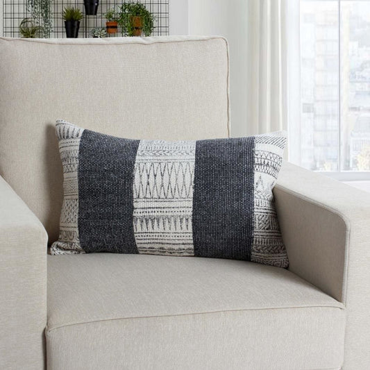 12 x 20 Rectangular Soft Cotton Dhurrie Accent Lumbar Throw Pillow, Kilim Pattern, Set of 2, Gray, White By The Urban Port