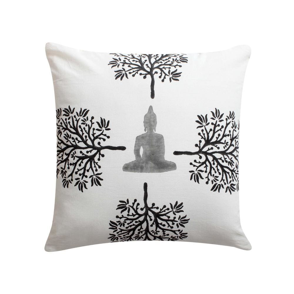 18 x 18 Square Cotton Accent Throw Pillow, Meditating Buddha, Tree Print, White, Black By The Urban Port