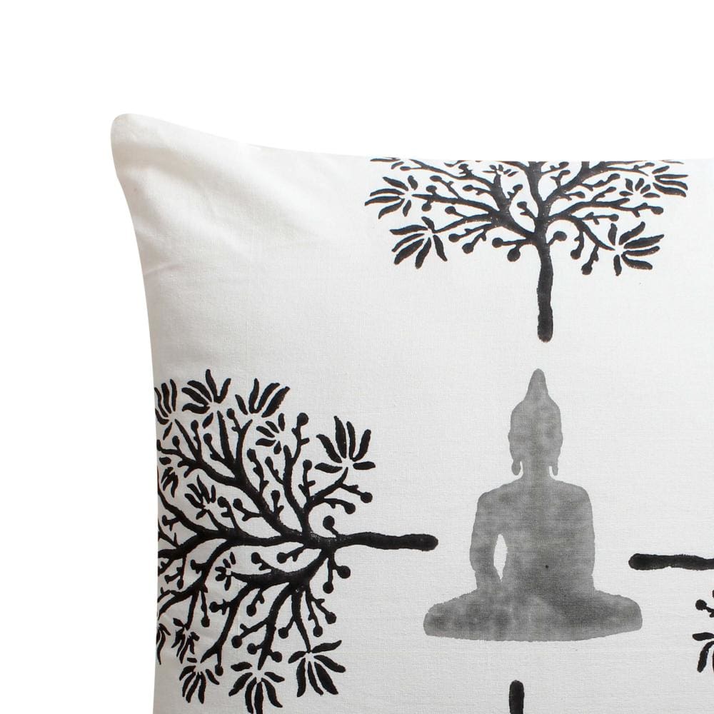 18 x 18 Square Cotton Accent Throw Pillow Meditating Buddha Tree Print White Black By The Urban Port BM200577