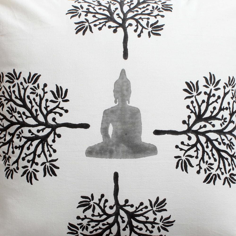 18 x 18 Square Cotton Accent Throw Pillow Meditating Buddha Tree Print White Black By The Urban Port BM200577
