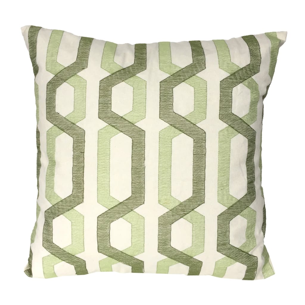 Contemporary Cotton Pillow with Geometric Embroidery, White and Green - BM200583 By Casagear Home