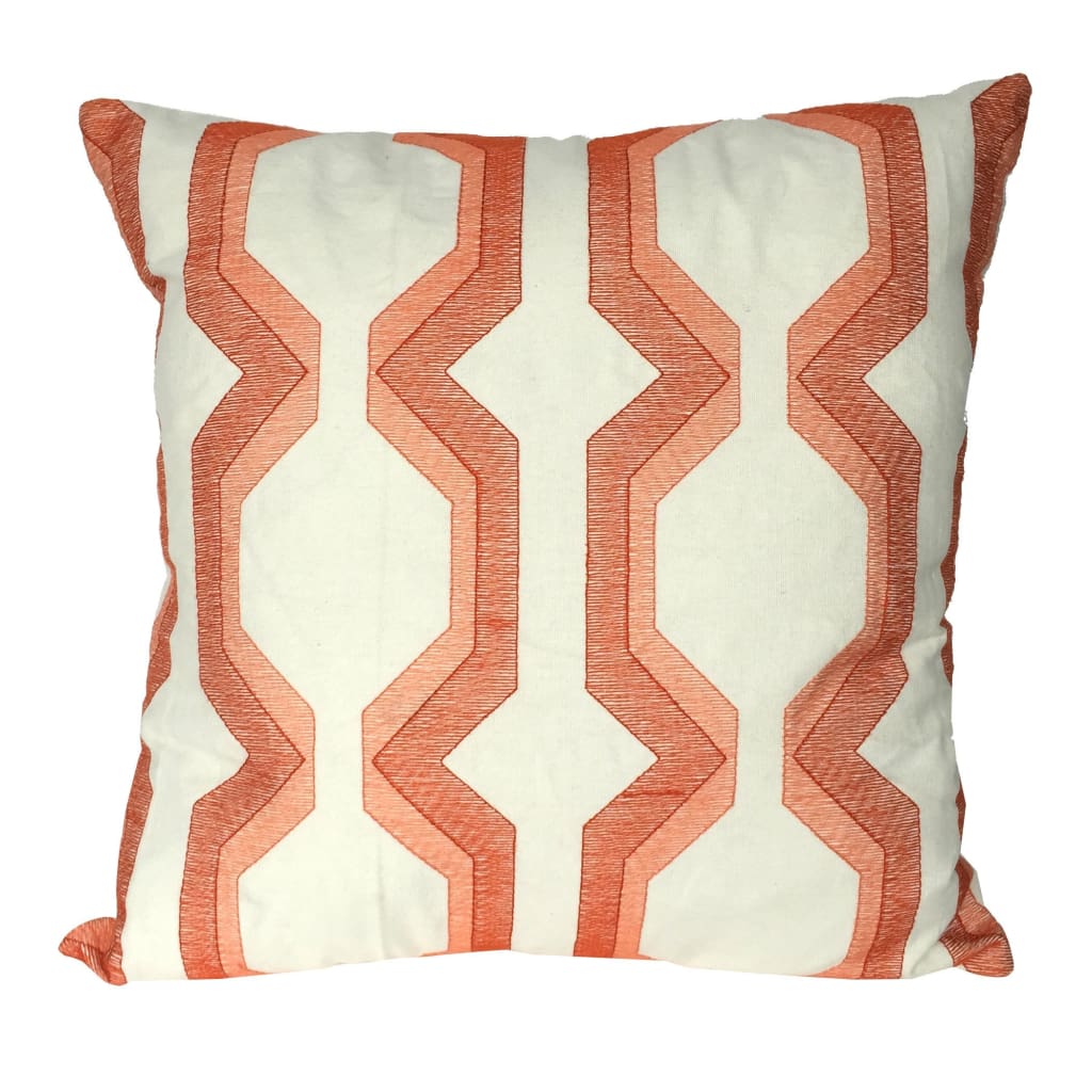 Contemporary Cotton Pillow with Geometric Embroidery, Red and White - BM200586 By Casagear Home