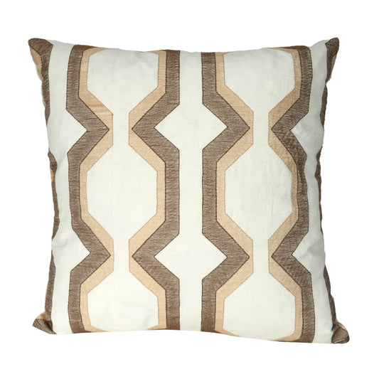 Contemporary Cotton Pillow with Geometric Embroidery, Brown and White - BM200587 By Casagear Home