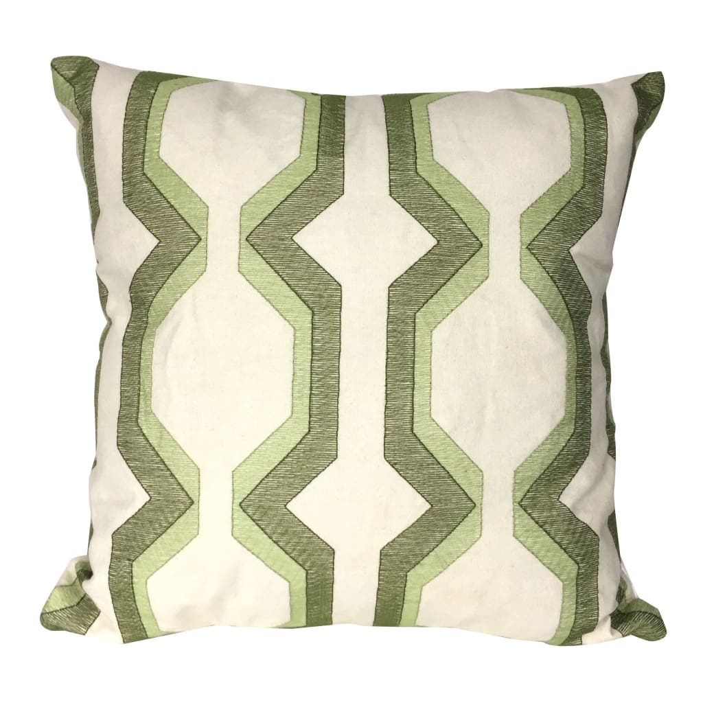 Contemporary Cotton Pillow with Geometric Embroidery, Green and White - BM200588 By Casagear Home