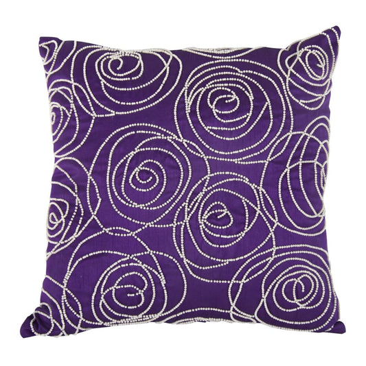 Designer Faux Silk Cotton Pillow with Pearl Beads, Purple and Silver, - BM200590 By Casagear Home
