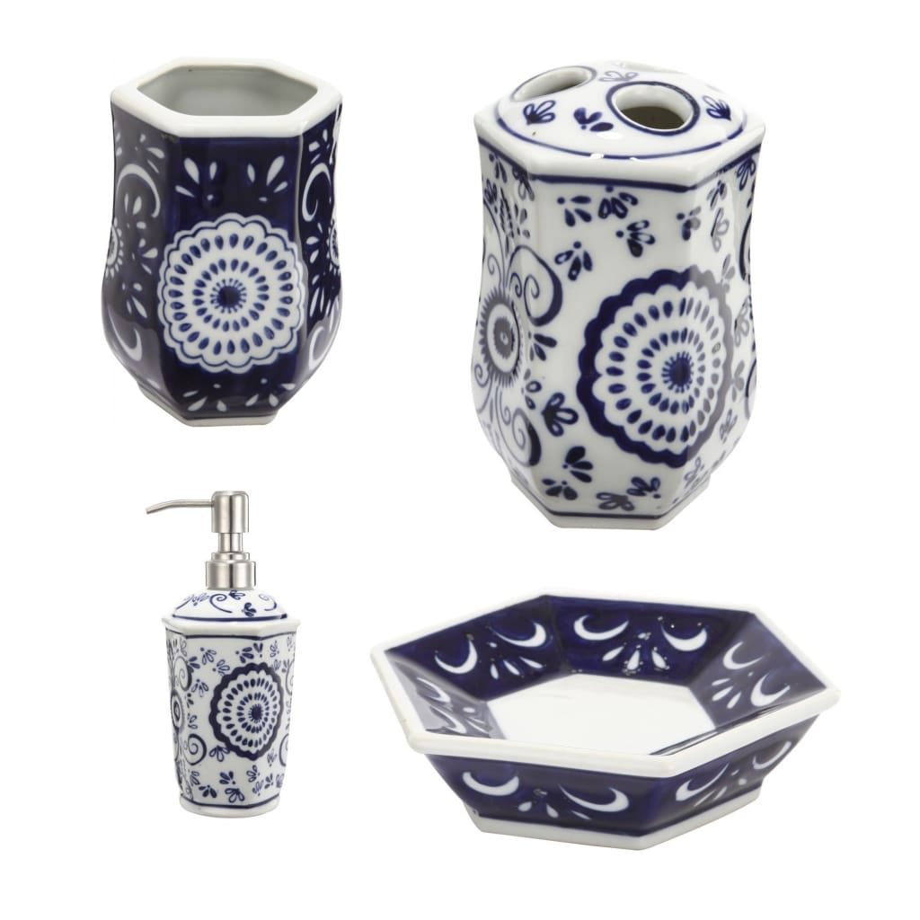 4 Piece Bath Accessories Set | Blue & White