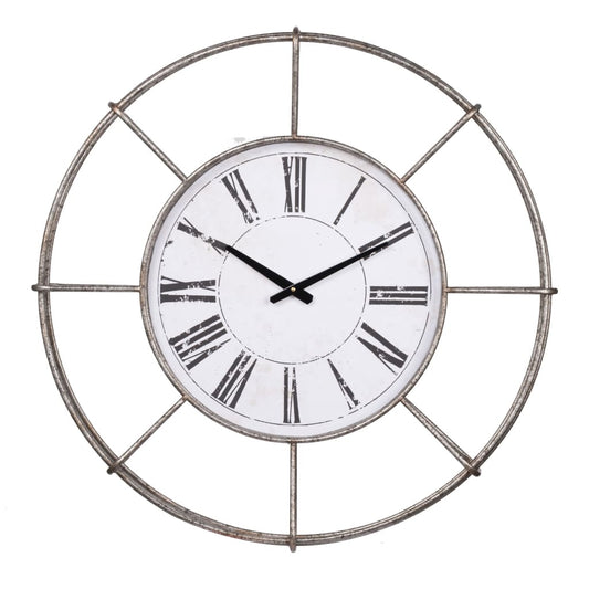 Metal Wall Clock with Circle Dial and Roman Numbers, Silver and White - BM200639 By Casagear Home