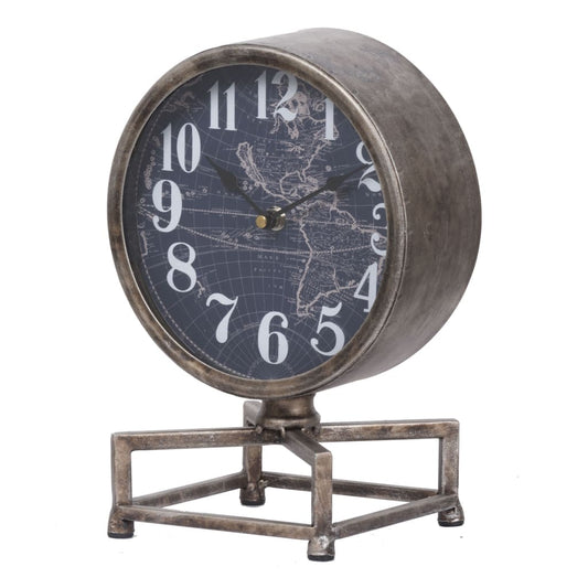 Metal Table Clock with Map Theme Background and Geometric Base, Gray - BM200646 By Casagear Home