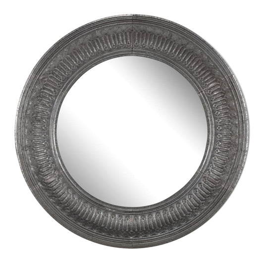 Round Wall Mirror with Thick Embossed Metal Border, Antique Gray - BM200655 By Casagear Home