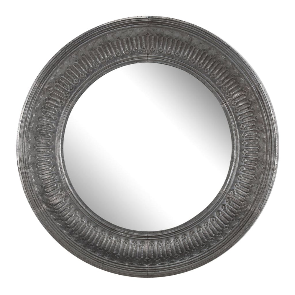 Wall Mirror | Round | Thick Embossed Metal Border | Antique Gray