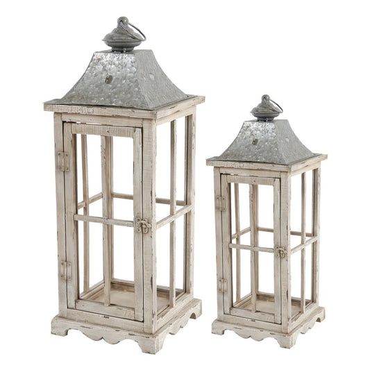 Wood and Metal Lanterns with Window Pane Design, White, Set of 2 - BM200914 By Casagear Home