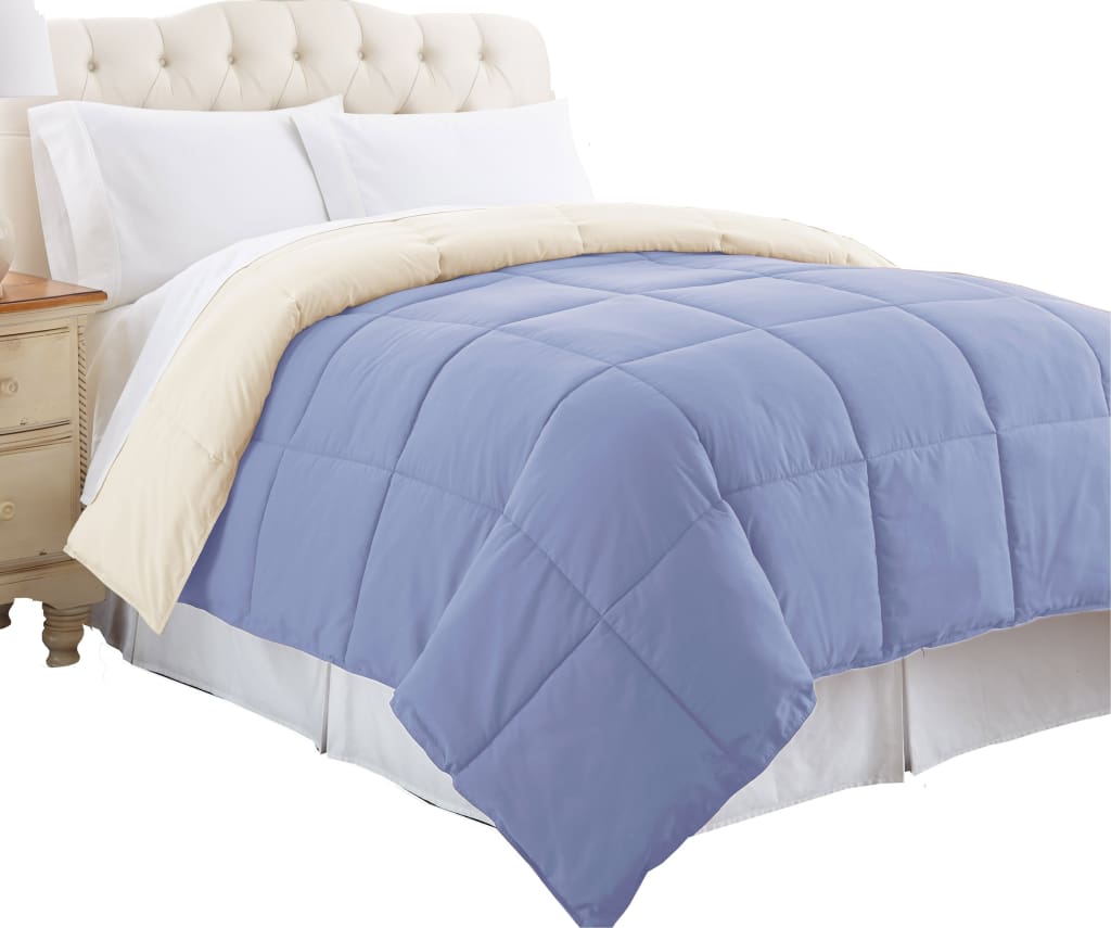 Genoa Twin Size Box Quilted Reversible Comforter By Casagear Home, Blue and Cream