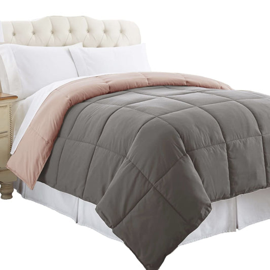 Genoa Twin Size Box Quilted Reversible Comforter By Casagear Home, Gray and Pink