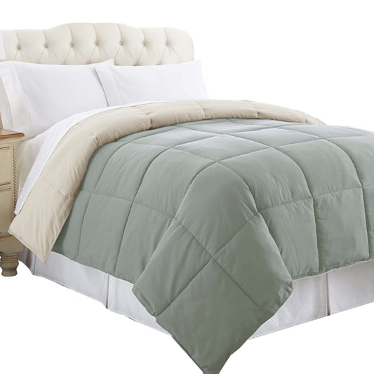 Genoa Twin Size Box Quilted Reversible Comforter By Casagear Home, Gray and Beige