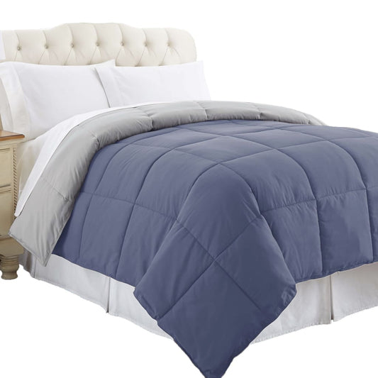 Genoa Queen Size Box Quilted Reversible Comforter By Casagear Home, Silver and Blue
