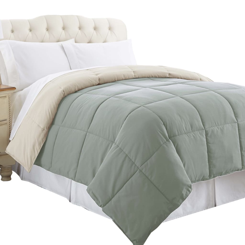 Genoa Queen Size Box Quilted Reversible Comforter By Casagear Home, Gray and Beige