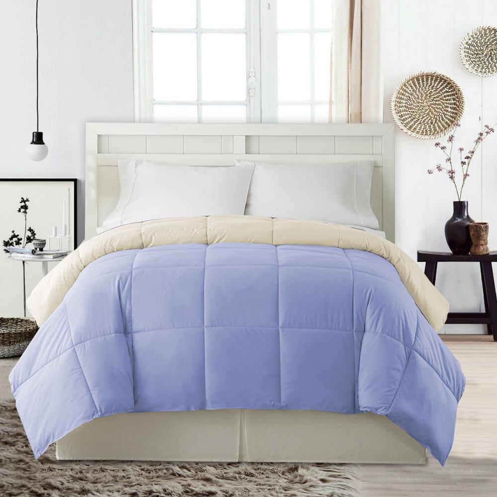 Genoa King Size Box Quilted Reversible Comforter By Casagear Home, Blue and Cream